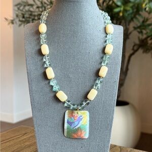 Floral and Bird Pendant Necklace with Beads
